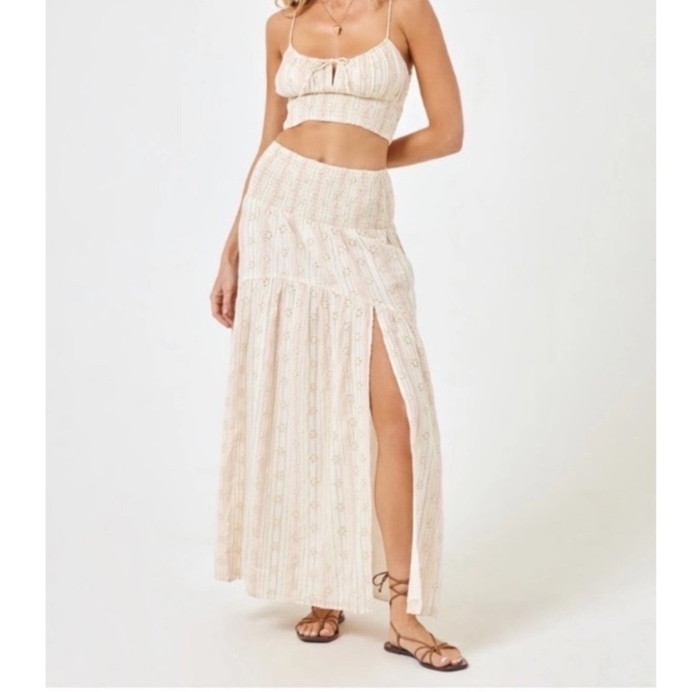 L‎ Space Womens Medium Eyelet Smocked Maxi Skirt Cream Metallic Boho Tiered Slit